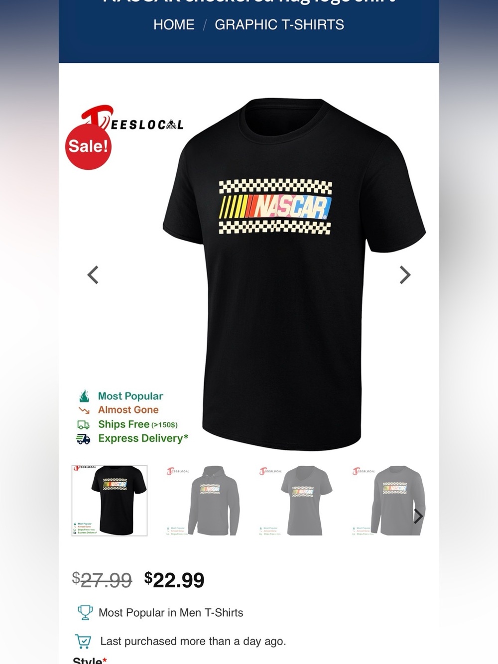 Nascar Black Short-Sleeve Tee with Multicolor Checkered Logo